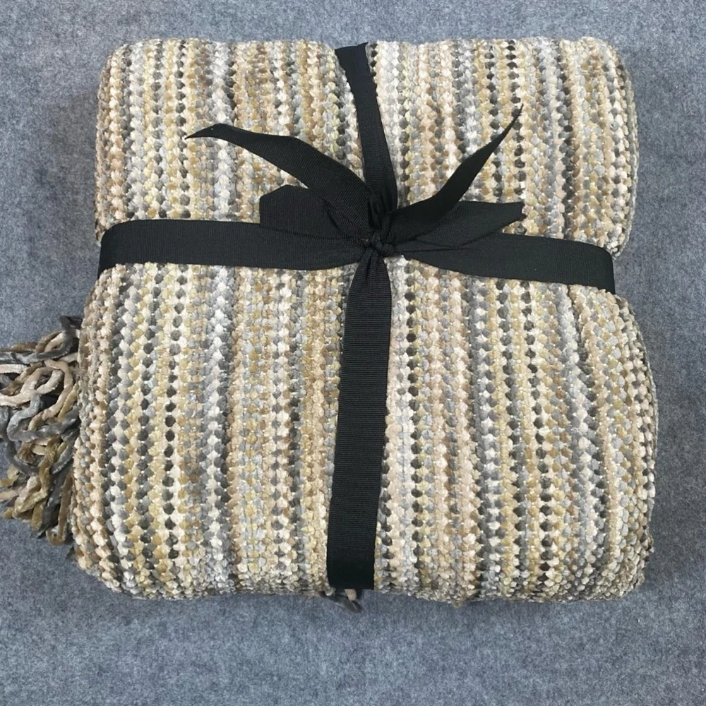 Vtg Brentwood Originals Neutral Stripe Chenille Throw Blanket Gray Beige Camel